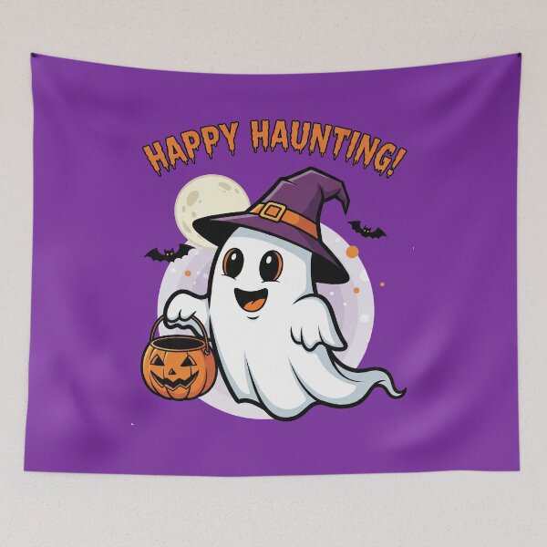 Item preview, Happy Haunting Ghost with Witch Hat and Pumpkin Bucket designed and sold by RickGoulet.