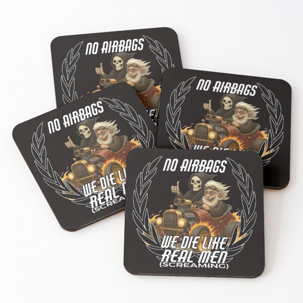 Item preview, “No Airbags – We Die Like Real Men” | Retro Hot Rod Skeleton & Driver Illustration designed and sold by A-T-H.