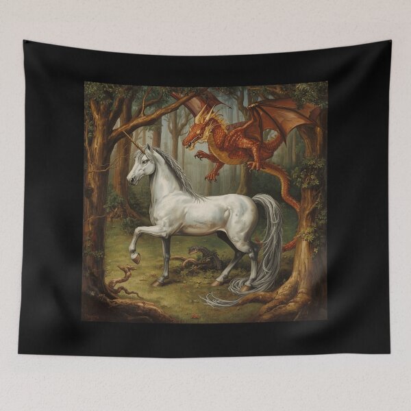 Item preview, Unicorn and Dragon medieval tapestry style artwork designed and sold by Vintage Designs +.