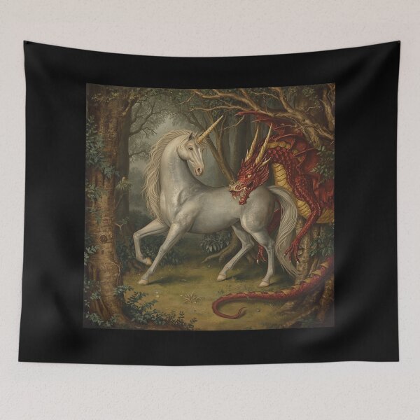 Item preview, Unicorn and Dragon medieval tapestry style artwork designed and sold by Vintage Designs +.