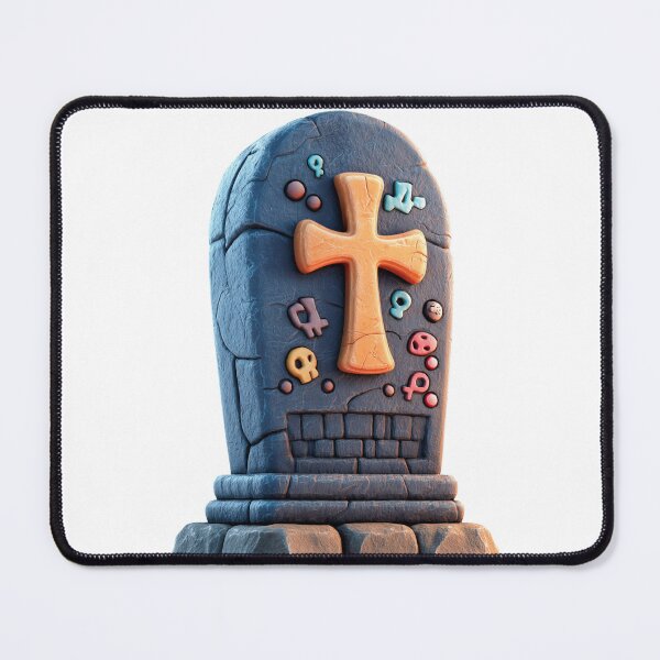 Item preview, Old stone gravestone with glowing orange cross, colorful skull symbols, cracked texture, and soft warm light. designed and sold by Mimoshi ⭐⭐⭐⭐⭐.
