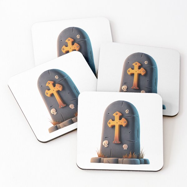 Item preview, Dark gray tombstone with glowing orange cross, small skull carvings, cracked texture, and soft evening light. designed and sold by Mimoshi ⭐⭐⭐⭐⭐.