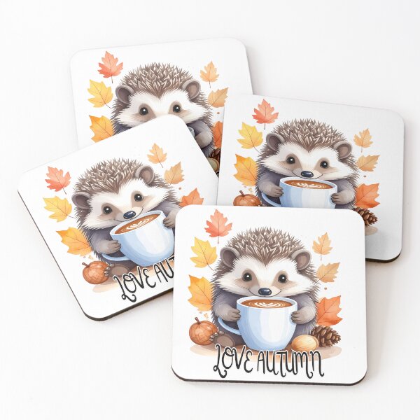 Item preview, Cute hedgehog sitting in a pile of leaves with a coffee cup, love autumn text, autumn designed and sold by LiskoDesign.