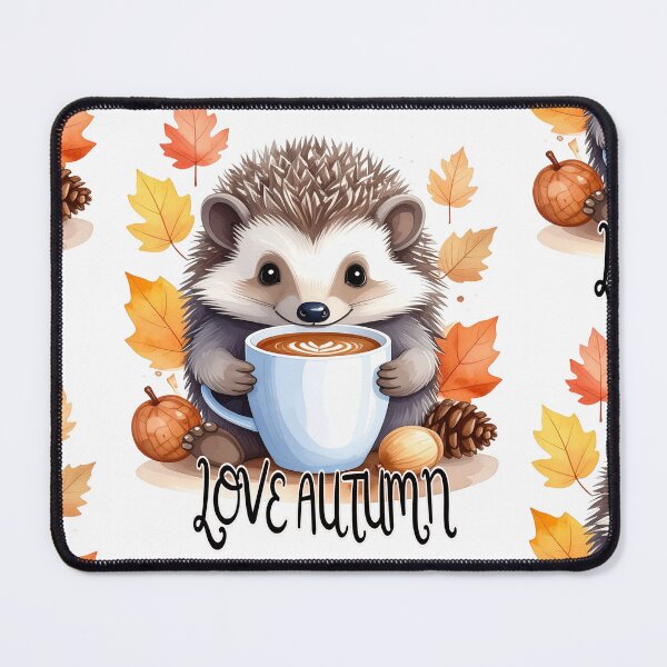 Item preview, Cute hedgehog sitting in a pile of leaves with a coffee cup, love autumn text, autumn designed and sold by LiskoDesign.