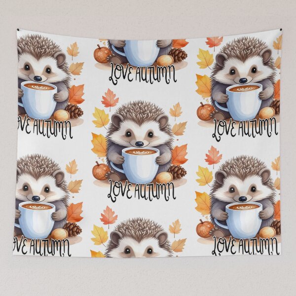 Item preview, Cute hedgehog sitting in a pile of leaves with a coffee cup, love autumn text, autumn designed and sold by LiskoDesign.