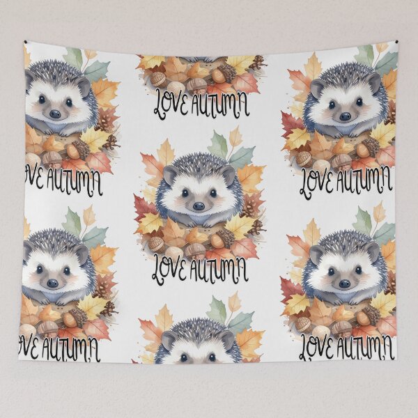 Item preview, Hedgehog surrounded by autumn leaves and nuts with love autumn text, autumn designed and sold by LiskoDesign.