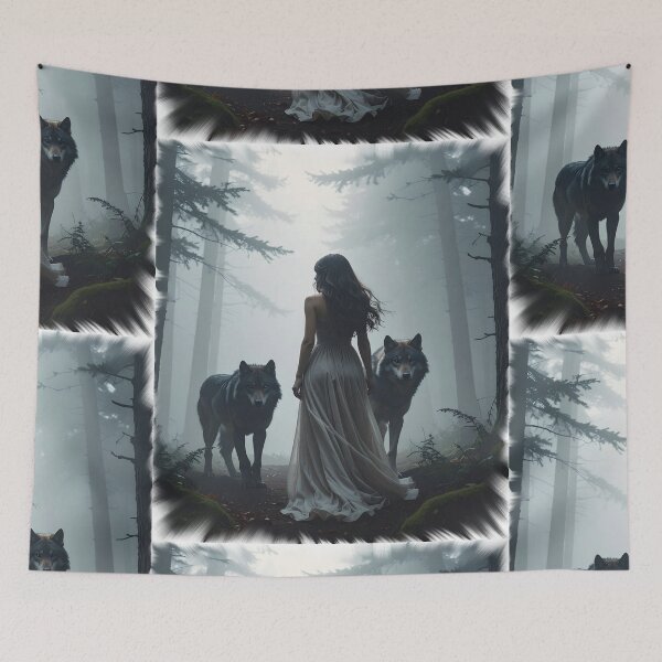 Item preview, Woman in white dress with wolves in the forest designed and sold by LiskoDesign.