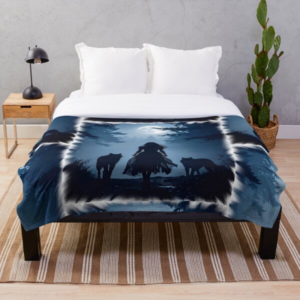 Item preview, Fantasy woman in dress with wolves in the forest, blue night designed and sold by LiskoDesign.