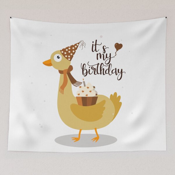 Item preview, It's My Birthday  Illustration with a Duck Wearing a Party Hat and Holdig Cupcake designed and sold by AlginaPugachova.