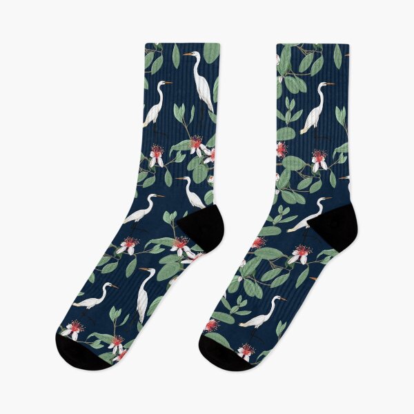 Item preview, Tropical Egret and Bloom Pattern – Elegant White Herons with Botanical Foliage on Navy designed and sold by Feral Confetti.