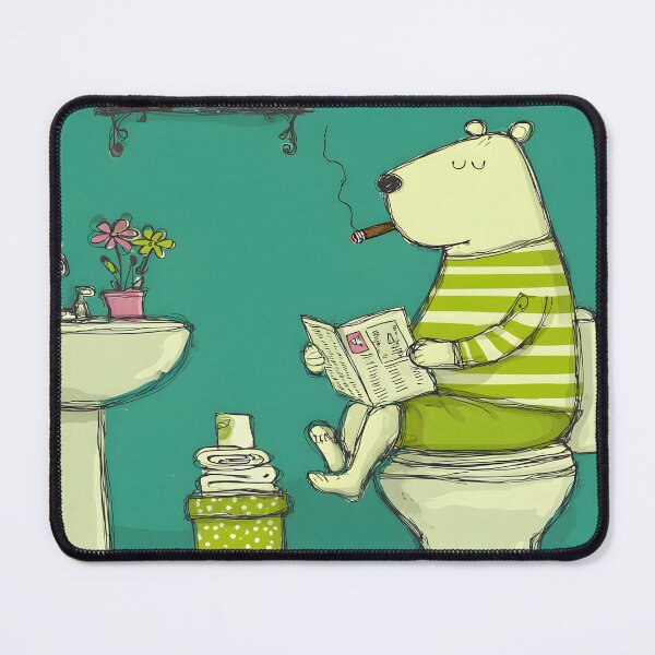 Item preview, Comic Art of a Bear on a Bathroom Break Who Knows How to Multitask in Style- Reading the Newspaper and Smoking a Cigar designed and sold by OlfactoART Studio.