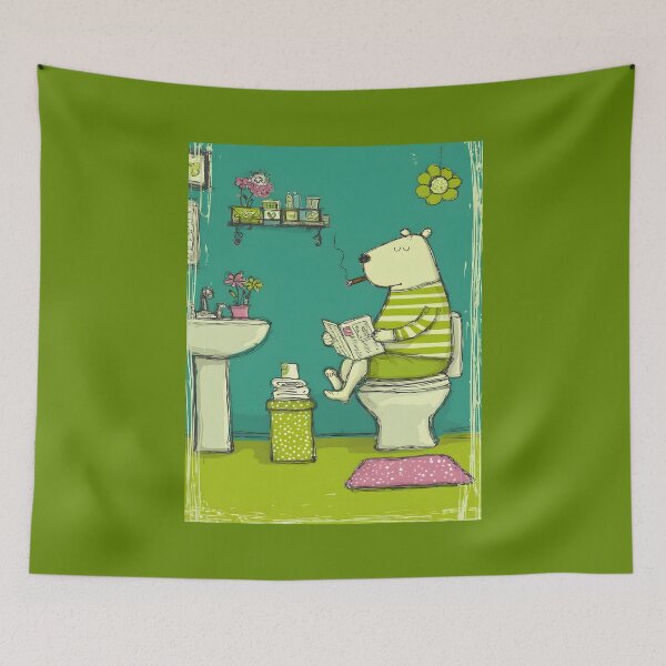 Item preview, Comic Art of a Bear on a Bathroom Break Who Knows How to Multitask in Style- Reading the Newspaper and Smoking a Cigar designed and sold by OlfactoART Studio.