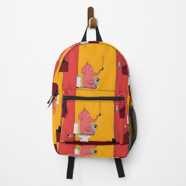 Item preview, Whimsical Pink Elephant Artwork Reading Newspaper and Smoking on Toilet in Bright Yellow and Red designed and sold by OlfactoART Studio.
