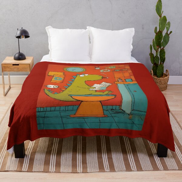 Item preview, Comical Dinosaur Sitting on Toilet Reading Newspaper with Cigar in Vibrant Bathroom Setting designed and sold by OlfactoART Studio.