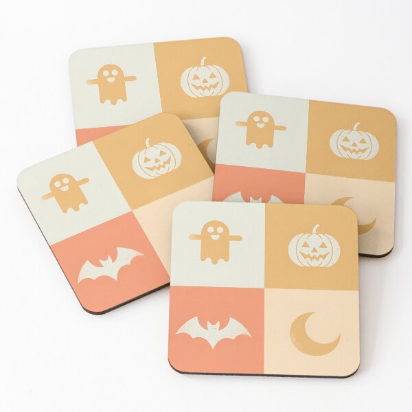 Item preview, Retro Halloween Icons Four-Block | Minimalist Vintage Ghost Bat Moon Pumpkin  designed and sold by Crafted.ink.