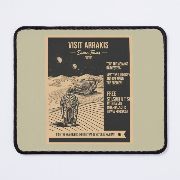 Item preview, A retro "Visit Arrakis" travel poster, featuring a Spice Harvester and thumper in the desert. designed and sold by FurRealStudioCo.
