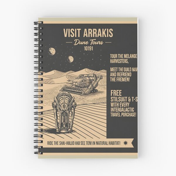 Item preview, A retro "Visit Arrakis" travel poster, featuring a Spice Harvester and thumper in the desert. designed and sold by bluel_evin.
