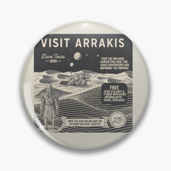 Item preview, A retro "Visit Arrakis" travel poster in a woodcut style, with a soldier and Spice Harvester. designed and sold by bluel_evin.
