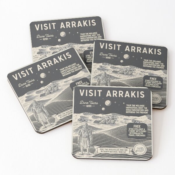 Item preview, A retro "Visit Arrakis" travel poster in a woodcut style, with a soldier and Spice Harvester. designed and sold by bluel_evin.