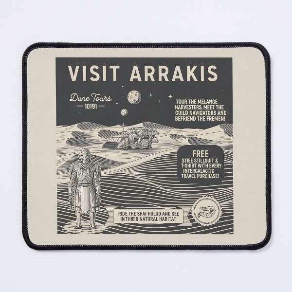Item preview, A retro "Visit Arrakis" travel poster in a woodcut style, with a soldier and Spice Harvester. designed and sold by bluel_evin.