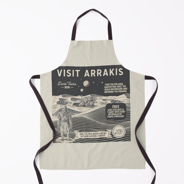 Item preview, A retro "Visit Arrakis" travel poster in a woodcut style, with a soldier and Spice Harvester. designed and sold by FurRealStudioCo.