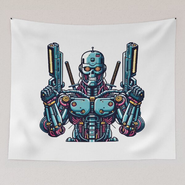 Item preview, Pixel Art Cybernetic Warrior with Dual Guns. designed and sold by The-T-In-Retro.
