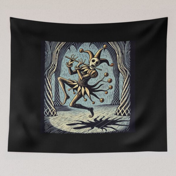 Item preview, Castlecore – Skeletal Jester with Flute – Woodcut Illustration • Vintage Print Aesthetic designed and sold by JacobKAurumhead.