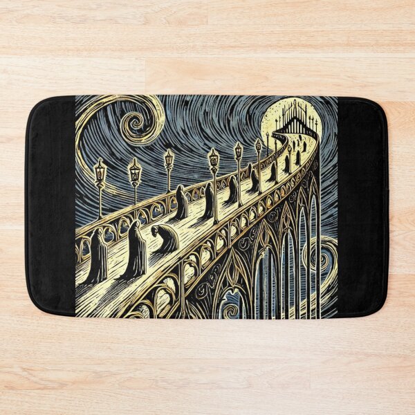 Item preview, Castlecore – Moonlit Gothic Bridge Procession – Woodcut Illustration • Vintage Print Aesthetic designed and sold by JacobKAurumhead.