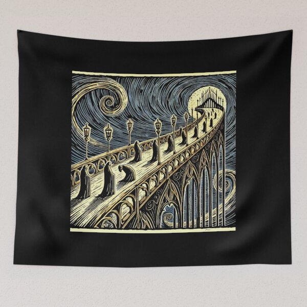 Item preview, Castlecore – Moonlit Gothic Bridge Procession – Woodcut Illustration • Vintage Print Aesthetic designed and sold by JacobKAurumhead.