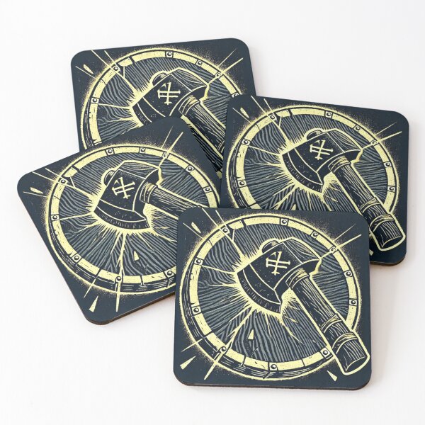 Item preview, Castlecore – Axe Striking a Wooden Shield – Woodcut Illustration • Vintage Print Aesthetic designed and sold by JacobKAurumhead.