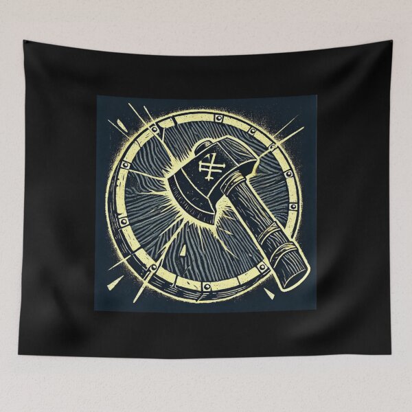 Item preview, Castlecore – Axe Striking a Wooden Shield – Woodcut Illustration • Vintage Print Aesthetic designed and sold by JacobKAurumhead.