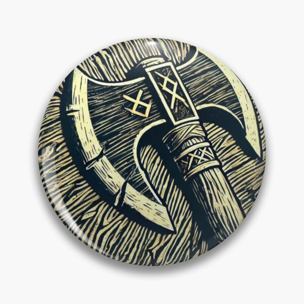 Artikelvorschau, Castlecore – Kriegsaxt über Rundschild – Holzschnitt-Illustration • Vintage-Druckästhetik entworfen und verkauft von JacobKAurumhead.