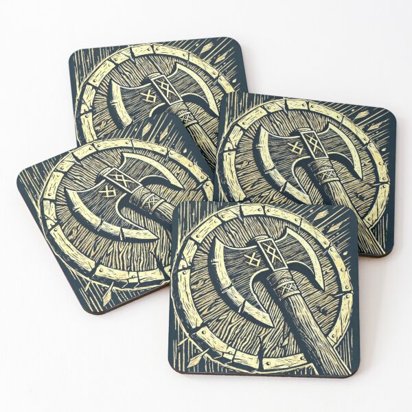 Item preview, Castlecore – War Axe over Round Shield – Woodcut Illustration • Vintage Print Aesthetic designed and sold by JacobKAurumhead.