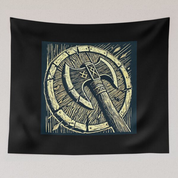 Item preview, Castlecore – War Axe over Round Shield – Woodcut Illustration • Vintage Print Aesthetic designed and sold by JacobKAurumhead.