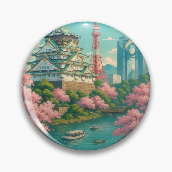 Item preview, OSAKA Japan - Modern Greeting Card with castle, cherry blossoms and skyline designed and sold by Earth Celebration Designs.