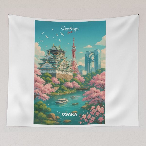 Item preview, OSAKA Japan - Modern Greeting Card with castle, cherry blossoms and skyline designed and sold by Earth Celebration Designs.