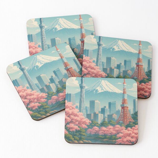 Item preview, TOKYO Japan - Modern Colorful City View with Skyline, Fuji and Cherry Blossoms designed and sold by Earth Celebration Designs.