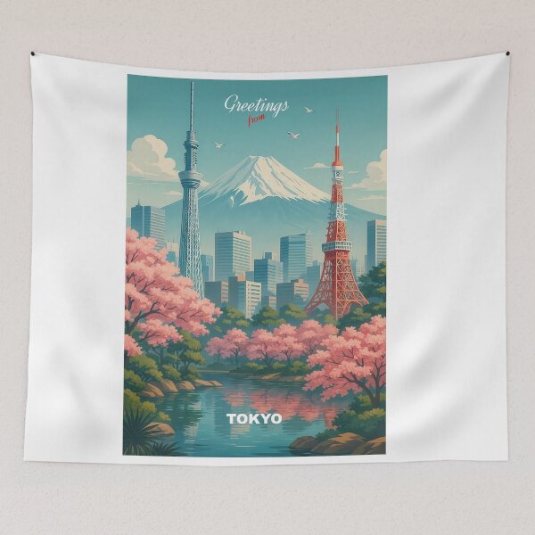 Item preview, TOKYO Japan - Modern Colorful City View with Skyline, Fuji and Cherry Blossoms designed and sold by Earth Celebration Designs.