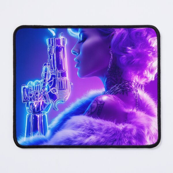 Item preview, Neon Femme Fatale – Retro Futuristic Portrait with Cyber Gun designed and sold by VisionaryVeils.