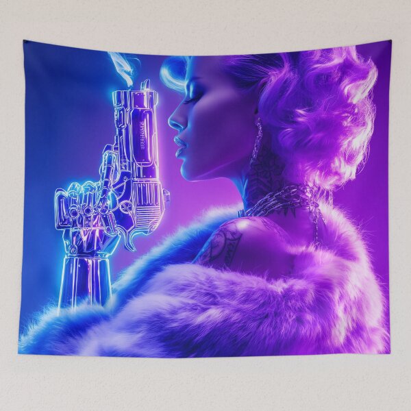 Item preview, Neon Femme Fatale – Retro Futuristic Portrait with Cyber Gun designed and sold by VisionaryVeils.