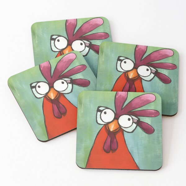 Item preview, Chicken Gasping in Oversized Glasses Showing Off Bright Red and White Feathers Against Muted Green designed and sold by OlfactoART Studio.