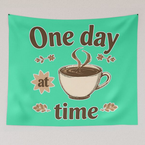 Item preview, One Day at Time: Humble Coffee Mug with a Calming Message and Vintage Style for Coffee Lovers designed and sold by Karina Creative Studio.