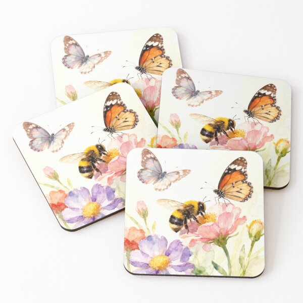 Item preview, This image is a watercolor painting of a bee and two butterflies among flowers. designed and sold by Zionandzenaco.