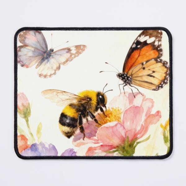 Item preview, This image is a watercolor painting of a bee and two butterflies among flowers. designed and sold by Zionandzenaco.