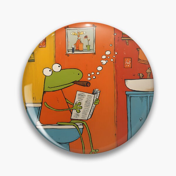 Item preview, Frog Chillin on Toilet Smoking Cigar and Catching Up on News in Quirky Colorful Bathroom designed and sold by OlfactoART Studio.