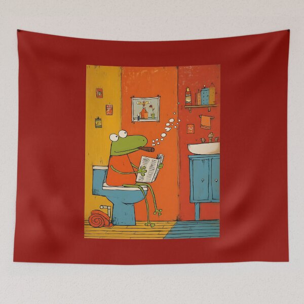 Item preview, Frog Chillin on Toilet Smoking Cigar and Catching Up on News in Quirky Colorful Bathroom designed and sold by OlfactoART Studio.