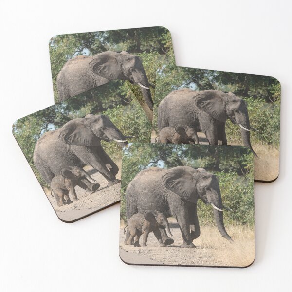 Item preview, Side by Side at Dawn — Elephant Mother Steers Her Calf Beyond the Road designed and sold by DavideAntoniani.