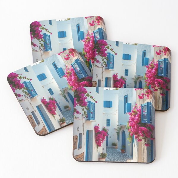 Item preview, Sun-Drenched Greek Alley with Abundant Bougainvillea and Blue Accents designed and sold by Jade Ado.