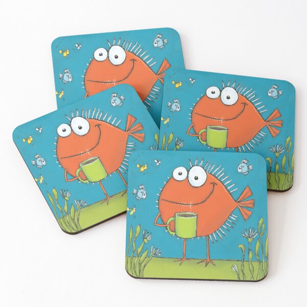 Item preview, Orange Fish Celebrating Coffee Time While Swimming Among Playful Fishes and Aquatic Plants designed and sold by OlfactoART Studio.