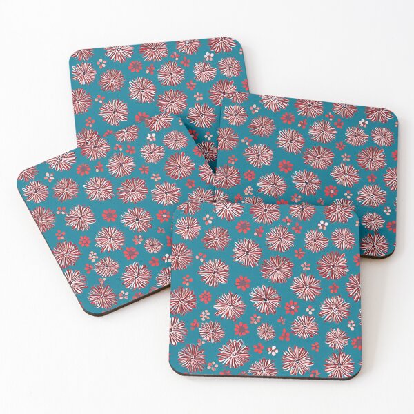 Item preview, Teal and red floral pattern with circular blossoms designed and sold by SassyArtistry.